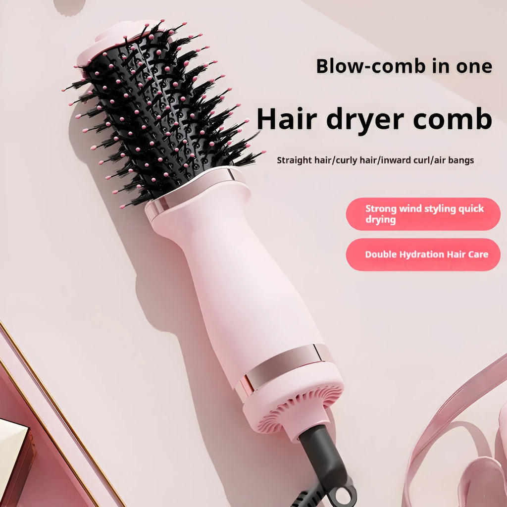 Pink dual-function hair dryer curling comb with heating and cooling features, model YZM-8015