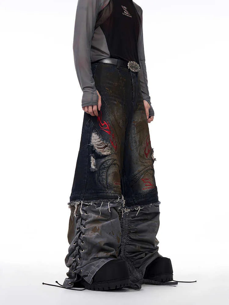 Men's retro wide-leg jeans with detachable trouser legs showing convertible feature and mid-high waist design