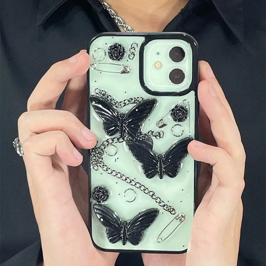 Dark wind 3D butterfly phone case with black bow and drop glue texture for Apple iPhone models.