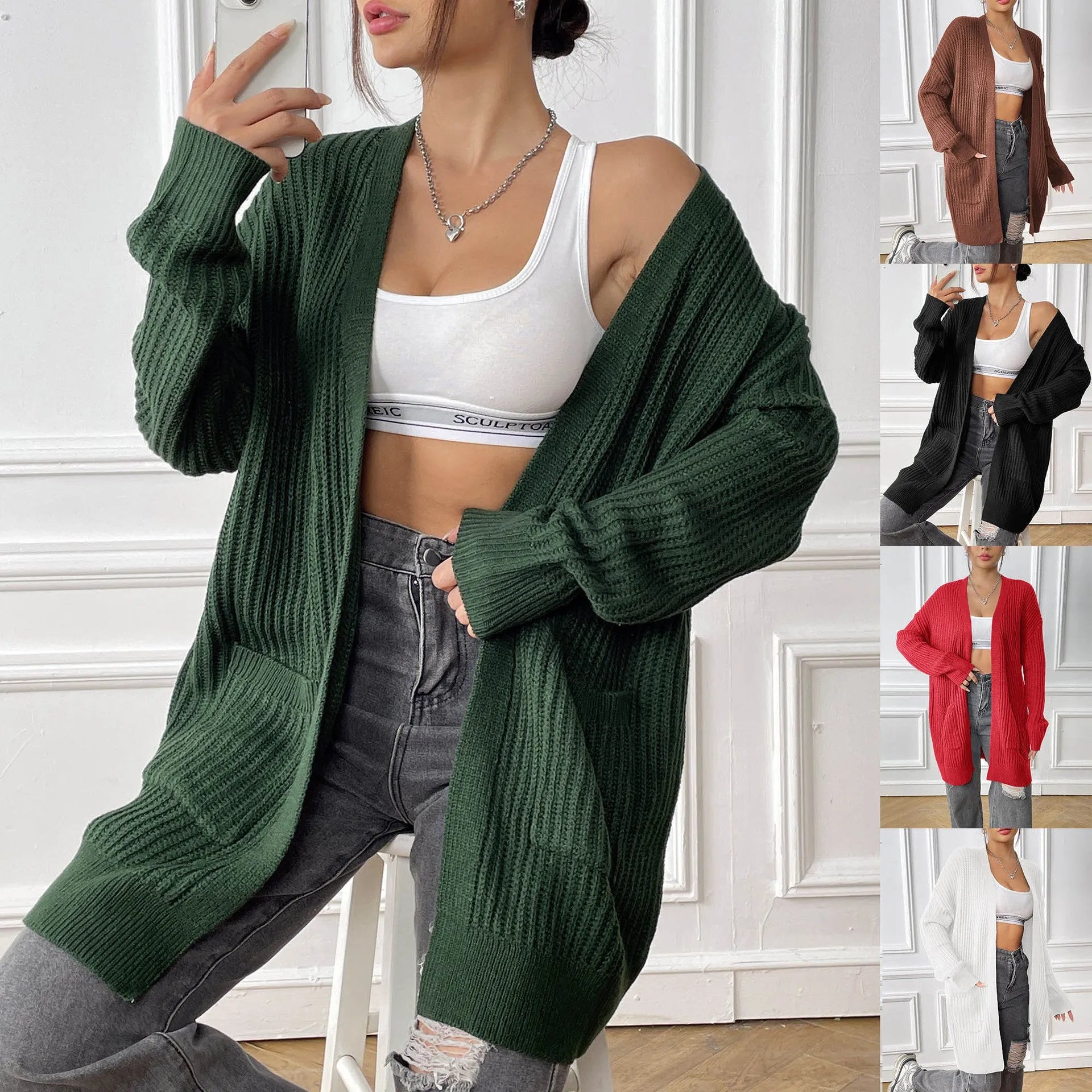 Women's double pocket acrylic cardigan with 65cm length and street hipster style in solid colour