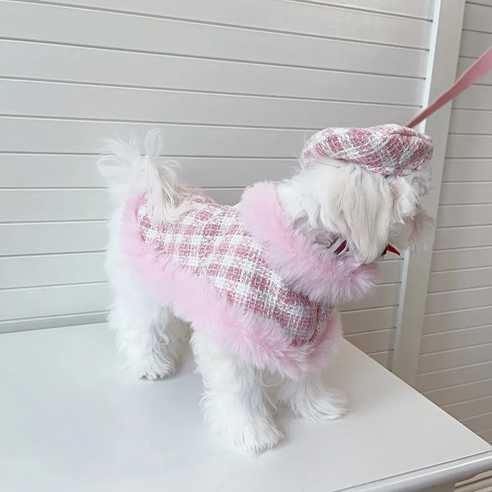 Pink polyester cat cape set with beret and drawstring for chest and back traction support
