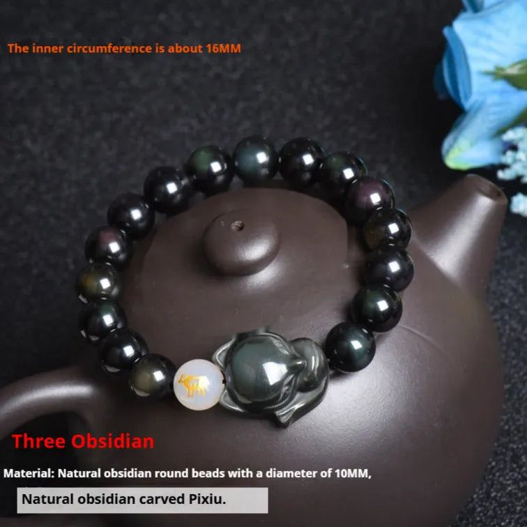 Natural obsidian zodiac bracelet with 10mm beads in gold, silver, or pure stone styles