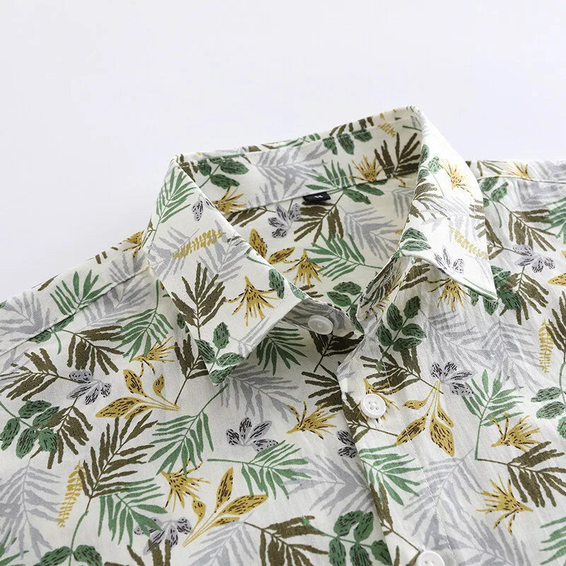 Men's short sleeve cotton cardigan shirt with printed Hawaiian floral pattern in various colour options