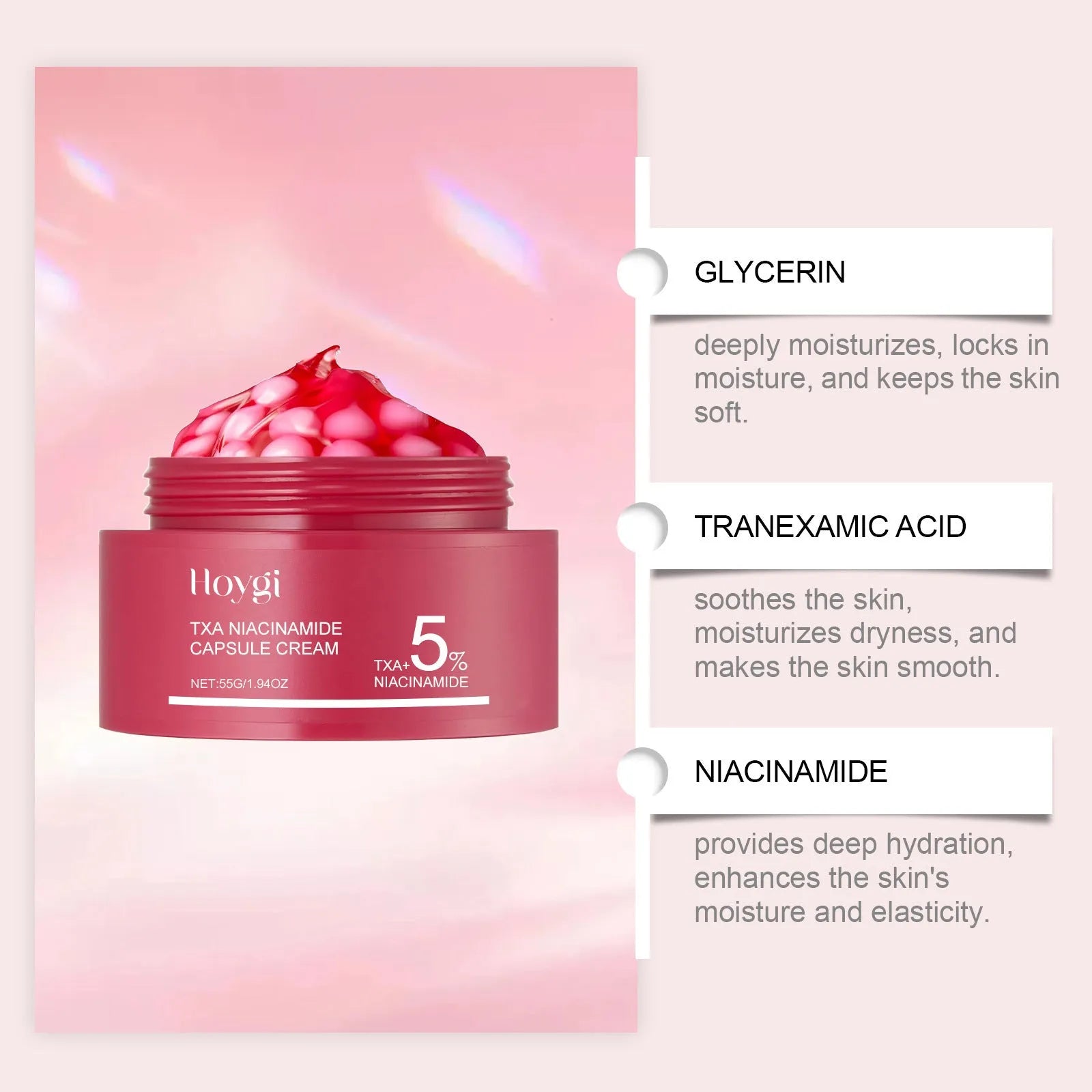 55g moisturising cream jar with dual-phase gel and white ball formulation for skincare hydration