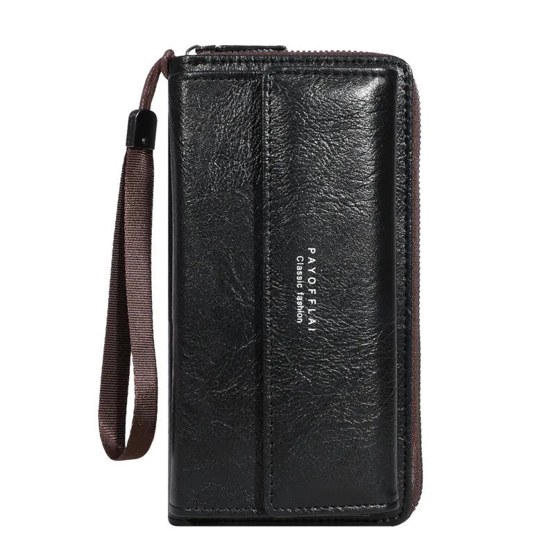Men's black PU leather wallet showing multiple card slots, measuring 19cm by 10.5cm