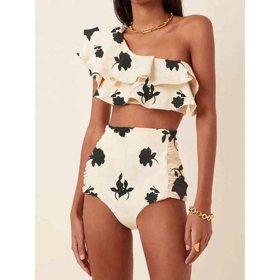 Women's high waist bikini suit with oblique shoulder ruffles in polyester fabric