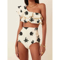 Women's high waist bikini suit with oblique shoulder ruffles in polyester fabric