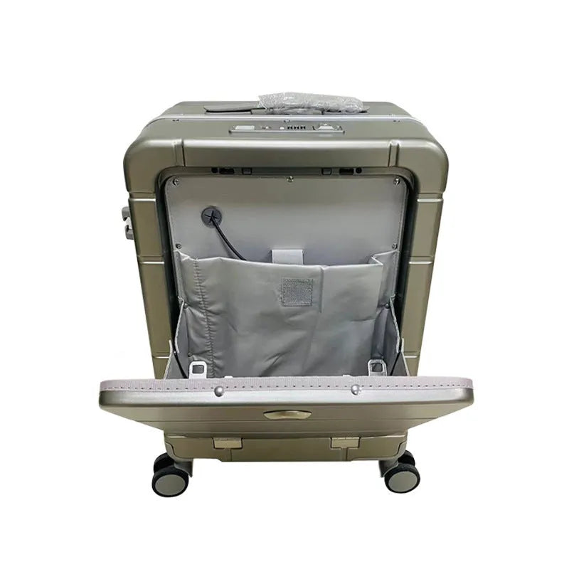 Front opening 20-inch cabin suitcase in black showing dry-wet separation compartments and universal wheels.
