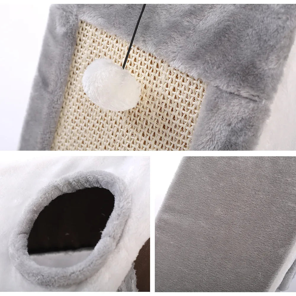 Triangular cat bed with sisal scratching surfaces on all three sides, available in grey/white or light brown/beige colour combinations
