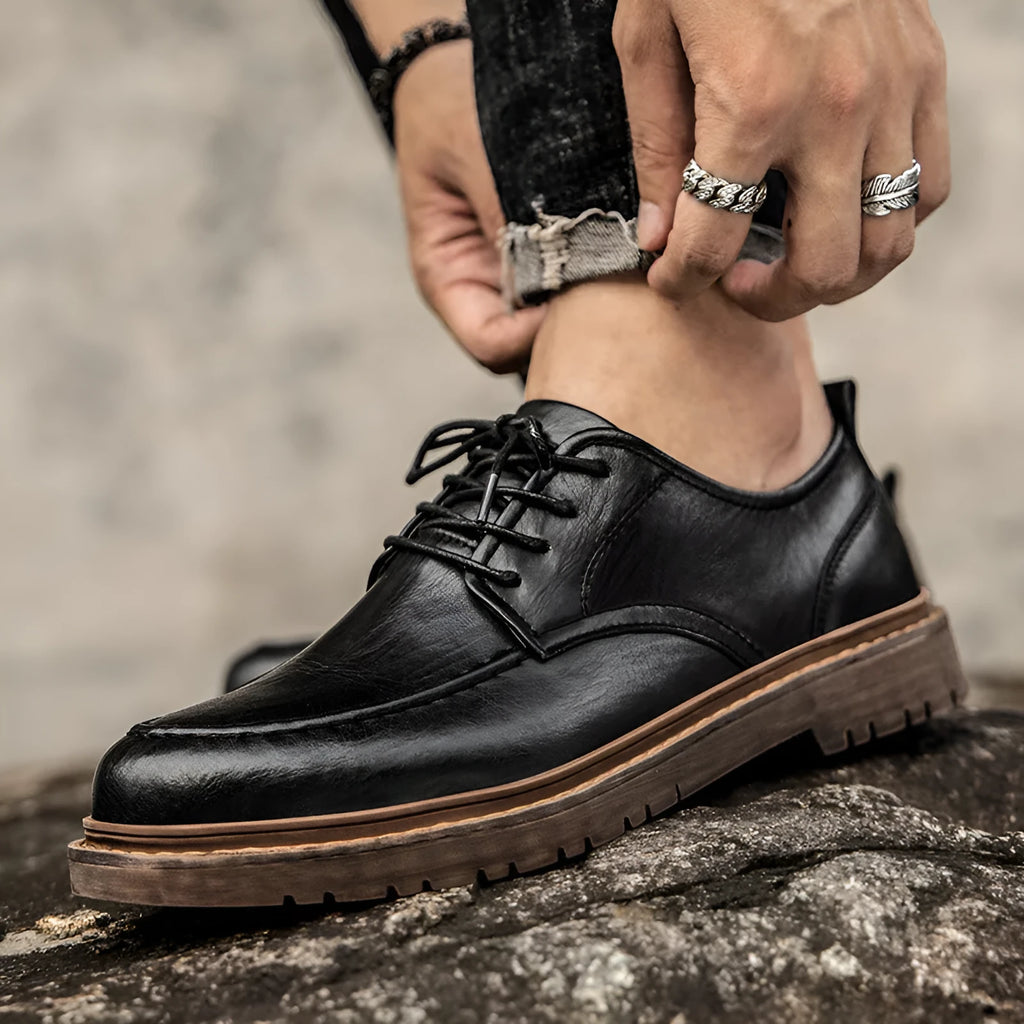 Black and brown tooling casual leather shoes with round toe and flat rubber sole