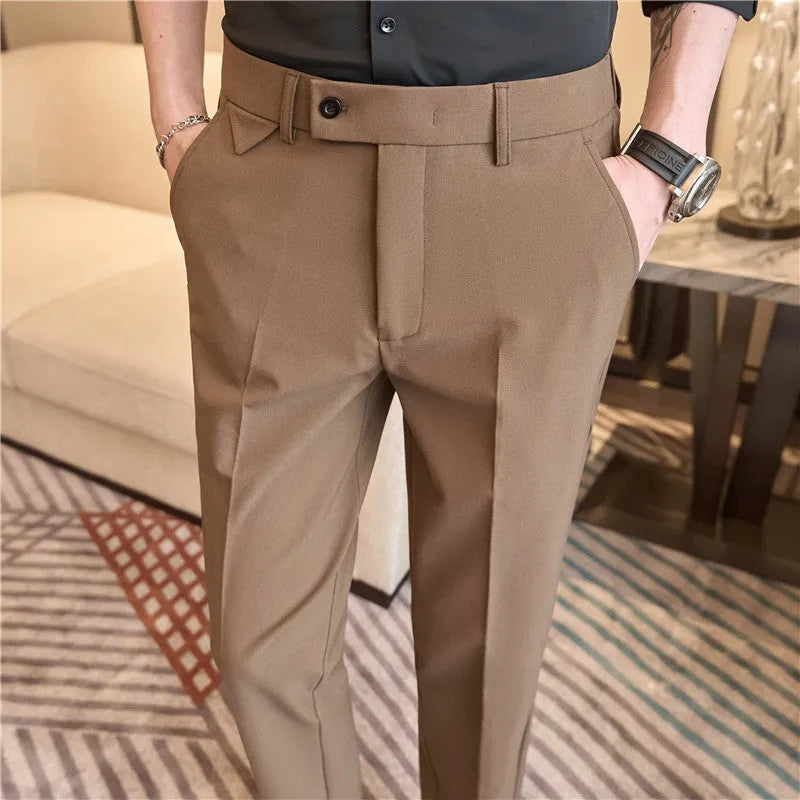 Men's brown suit pants with waist stretch design and slim straight leg, polyester blend, sizes 28-40.