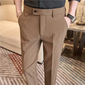 Men's brown suit pants with waist stretch design and slim straight leg, polyester blend, sizes 28-40.