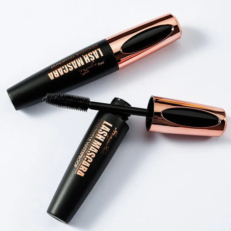 Black waterproof mascara tube for thick, curled lashes with opp bag packaging.