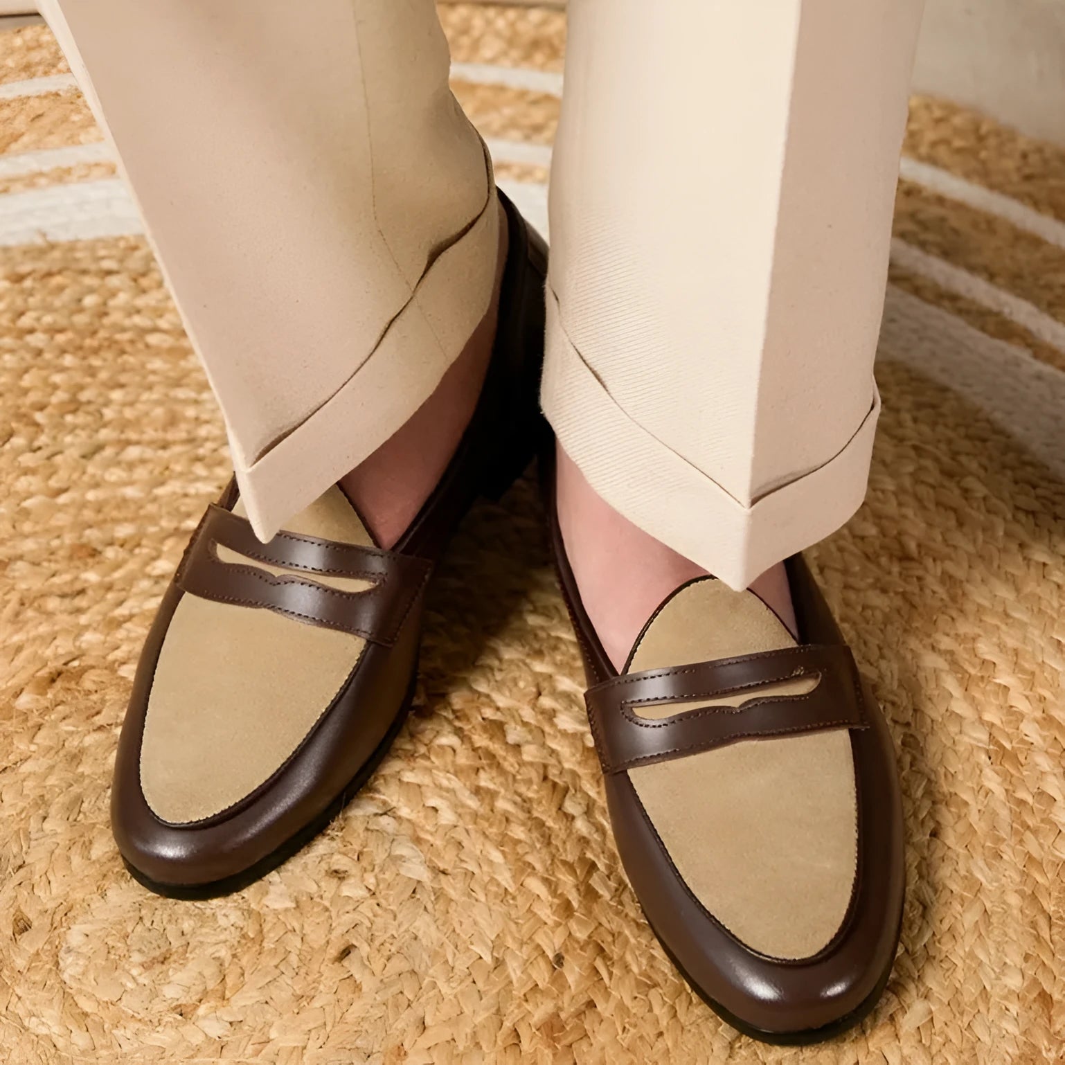 Men's champagne-coloured suede leather loafers with a slip-on design and rubber sole.