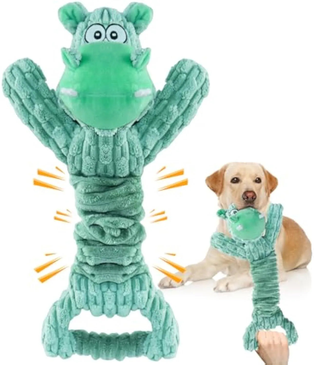 Large plush dog toy with squeaker and crinkle paper, measuring 32cm by 20cm by 10cm, for tug-of-war play