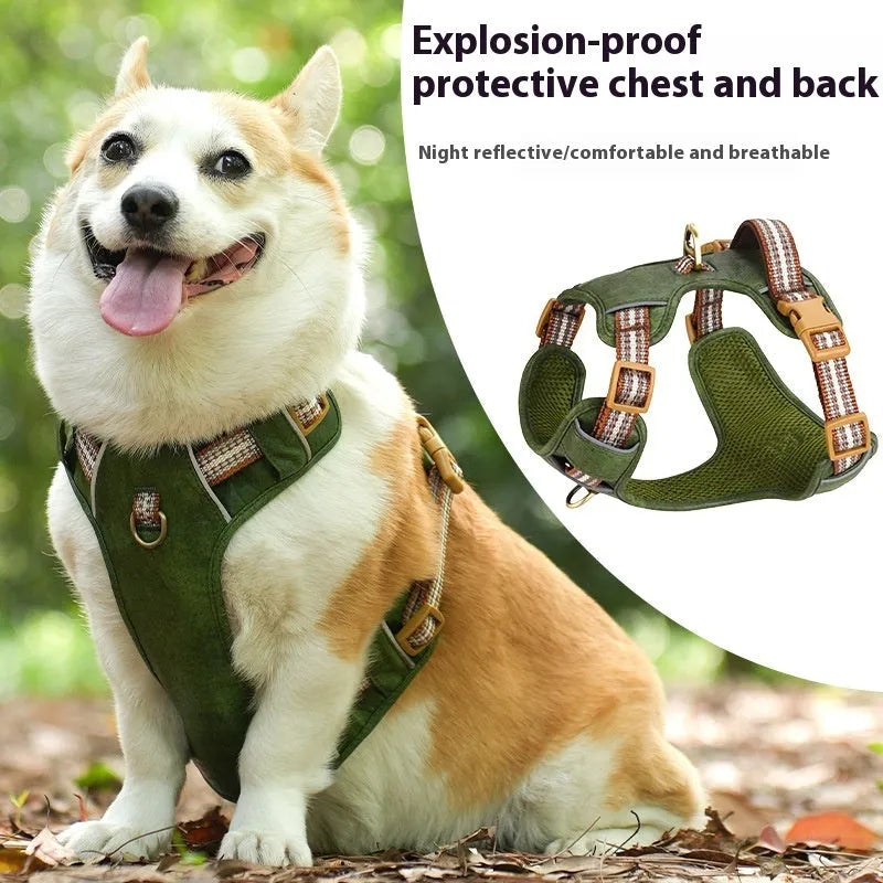 Brown leather dog harness with reflective stitching and explosion-proof D-ring