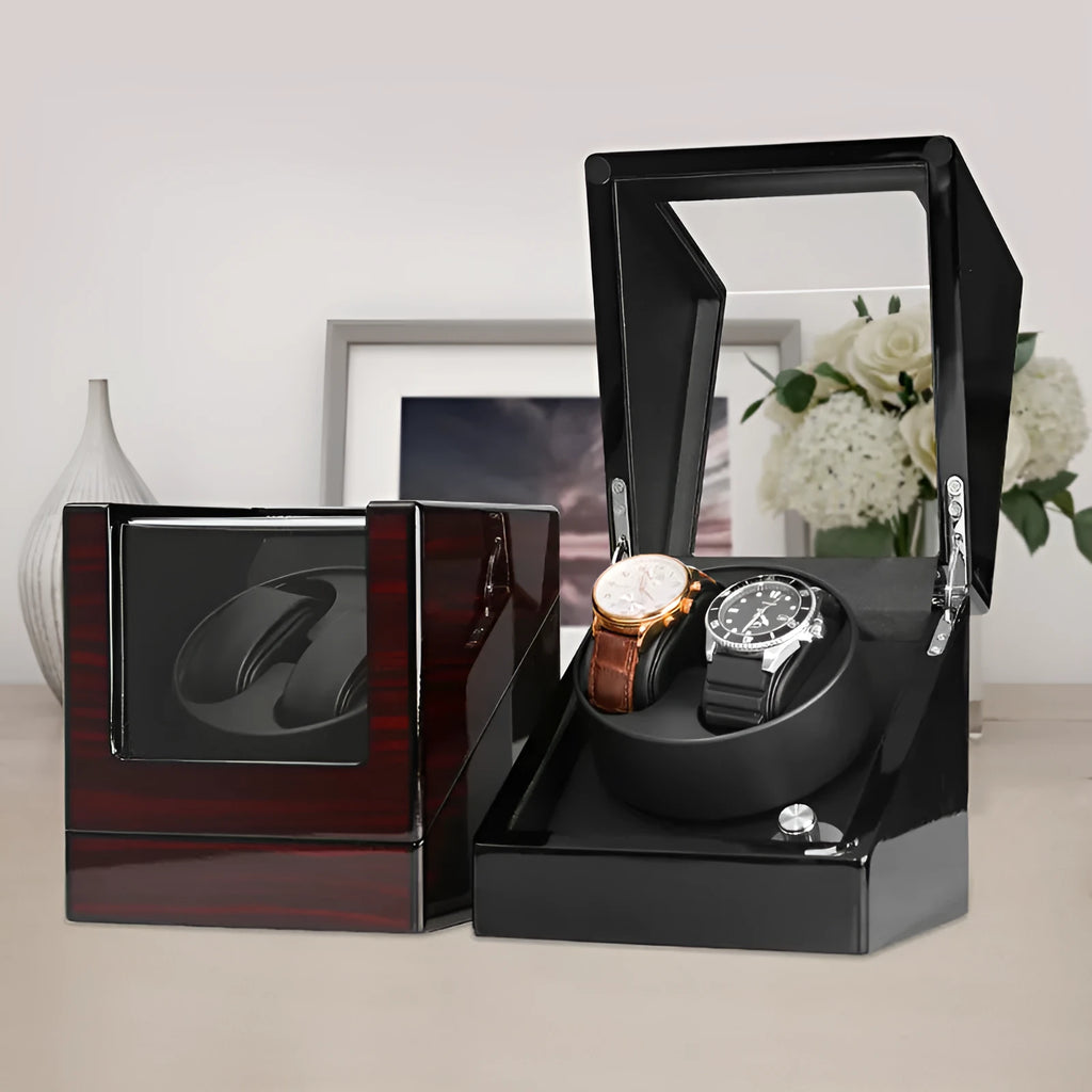 Piano lacquered watch winder with transparent acrylic window, red and black finish, 16 x 16 x 17.5 cm