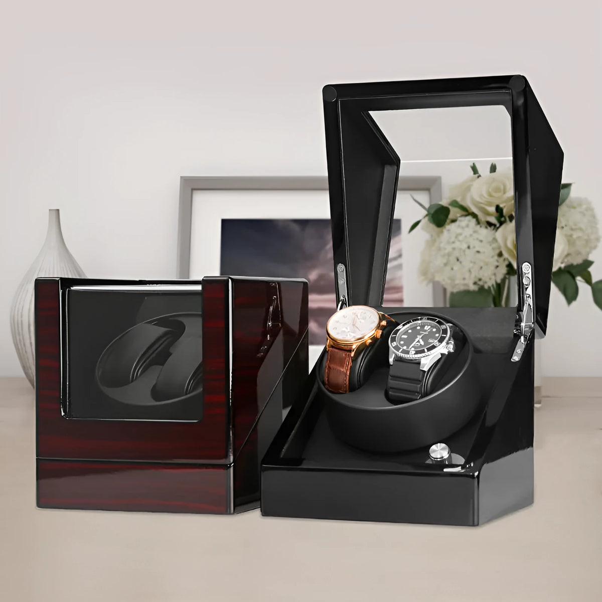 Piano lacquered watch winder with transparent acrylic window, red and black finish, 16 x 16 x 17.5 cm
