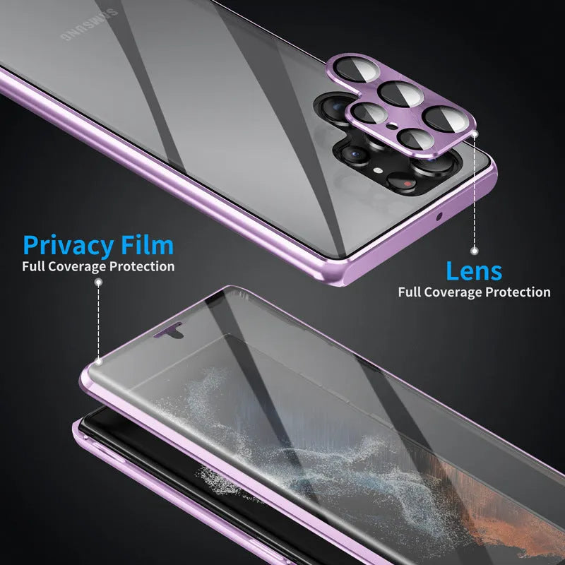 Samsung Galaxy S24 Ultra magnetic mirror phone case in black with peep-proof design and universal magnetic suction