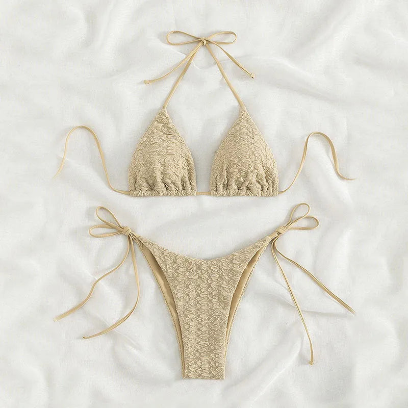 Women's khaki high waist bikini swimsuit with lace-up side detail