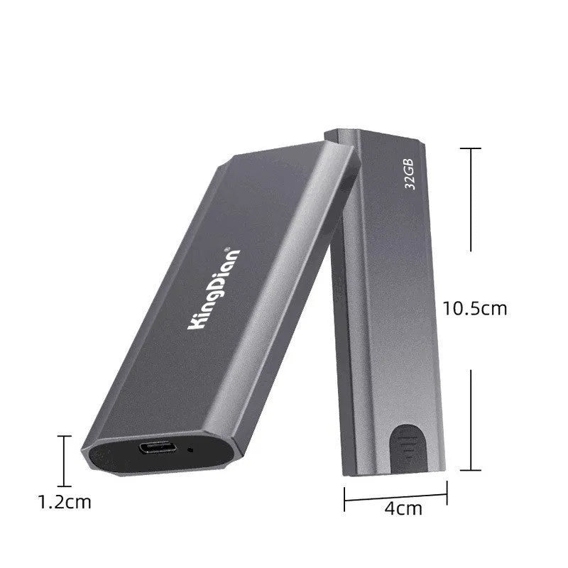 Grey aluminium mobile SSD with USB 3.0 interface measuring 119mm x 38mm x 13mm for direct phone connection