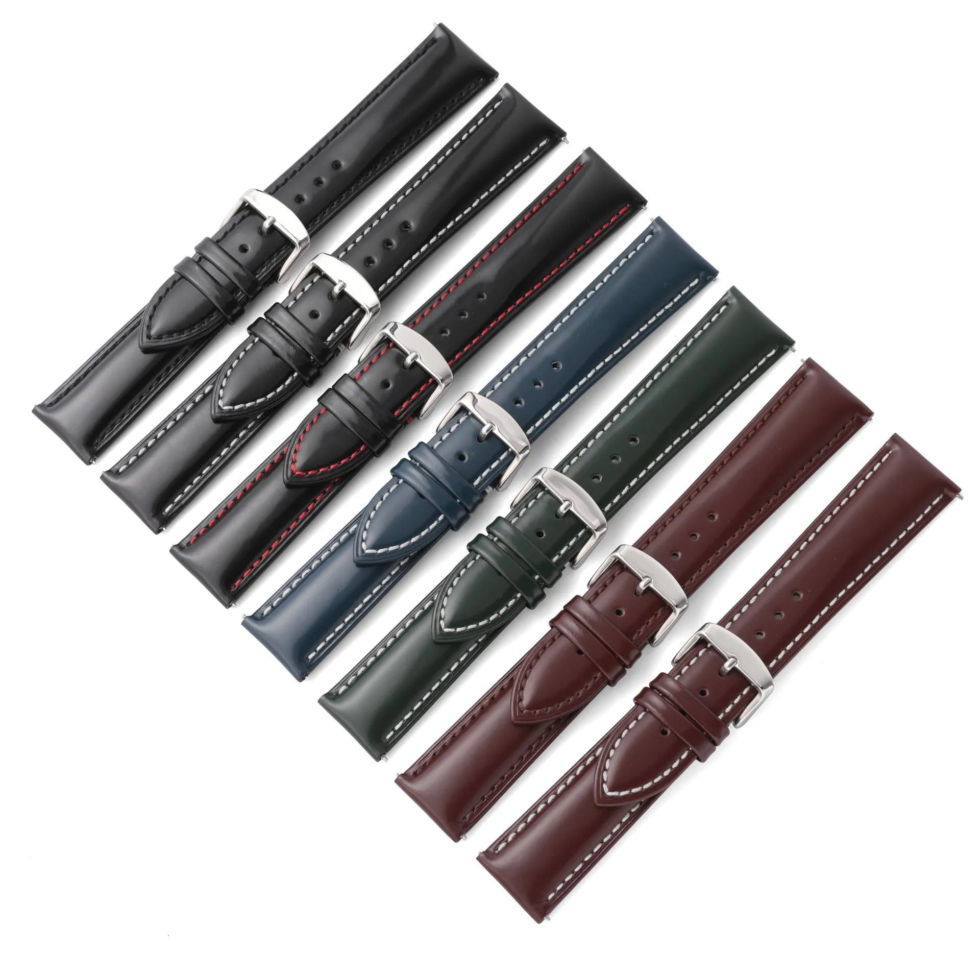 Quick release leather watch strap in bright cowhide with width options from 18mm to 22mm and multiple colour variations