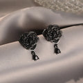Black rose zircon stud earrings with floral design and 18K gold-plated finish