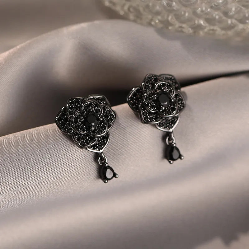 Black rose zircon stud earrings with floral design and 18K gold-plated finish