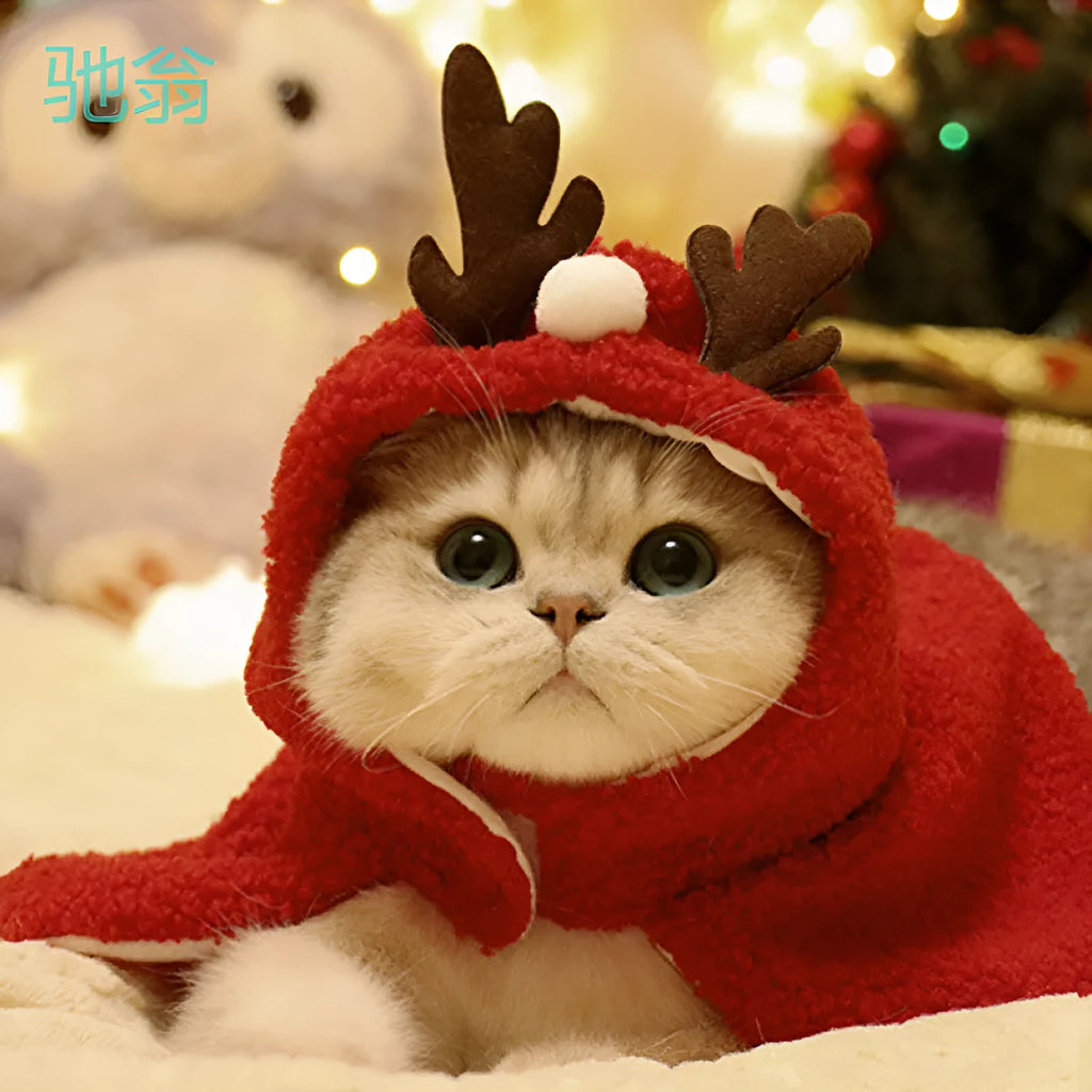 Polar fleece pet cloak with antlers hat in red, white, or Christmas tree designs for autumn and winter dog clothing