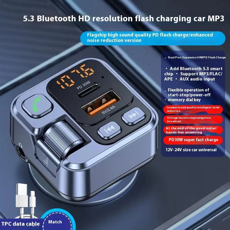 Bluetooth car audio receiver with LED display and dual USB charging ports for vehicle installation