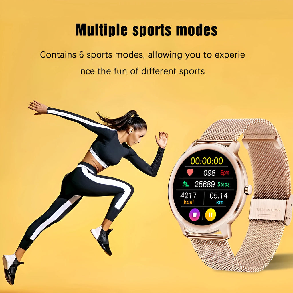 Women's smart watch with stainless steel wristband and 1.3 inch touch screen showing watch face display