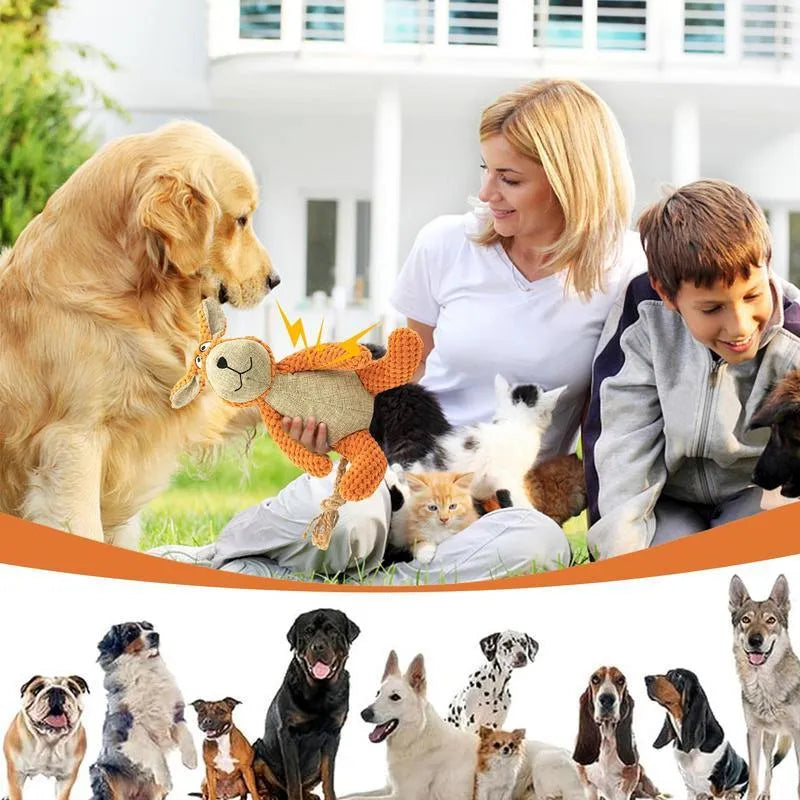 Squeaky plush dog toy in animal shapes for interactive play and teeth cleaning