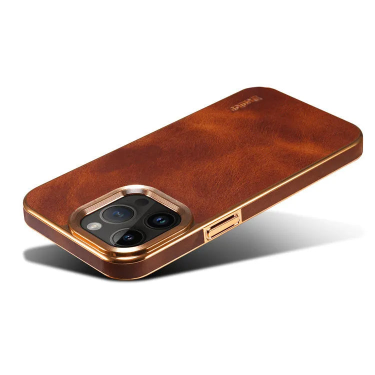 Leather phone case with vintage oil wax finish showing textured surface and precise port openings
