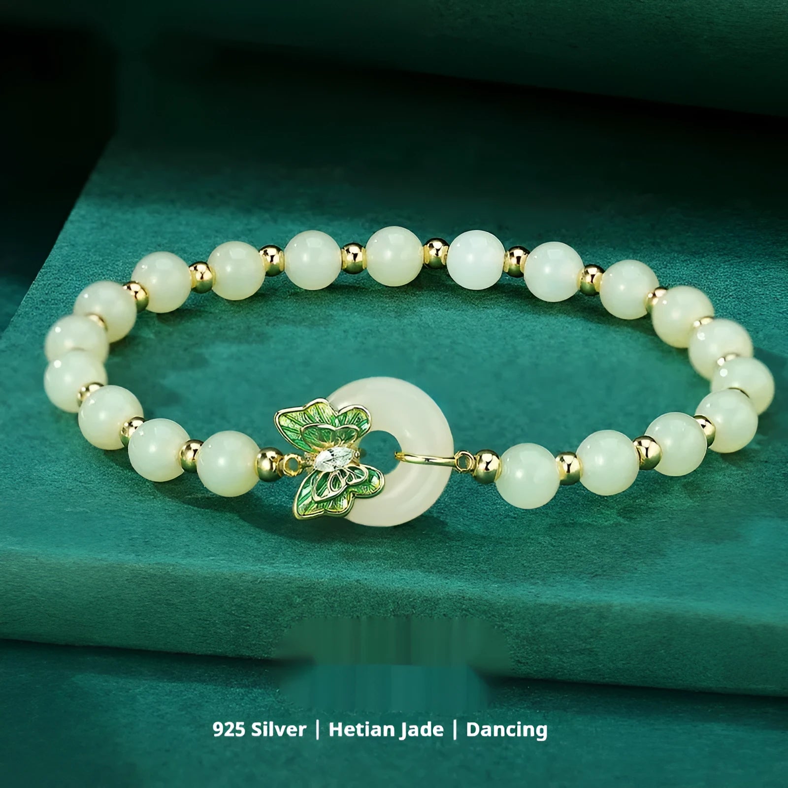Cyan Hetian jade bracelet with sterling silver butterfly design and inlaid gemstones