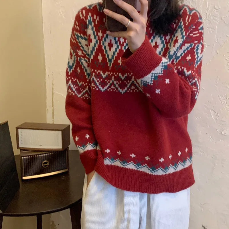 Loose striped pullover top in red or white with long sleeves and free size fit for casual retro style