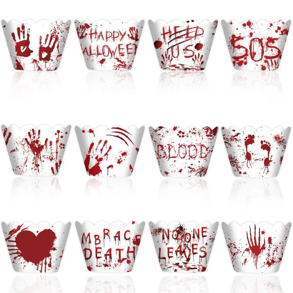 12 red blood-handed Halloween paper cake borders for cupcake and cake decoration