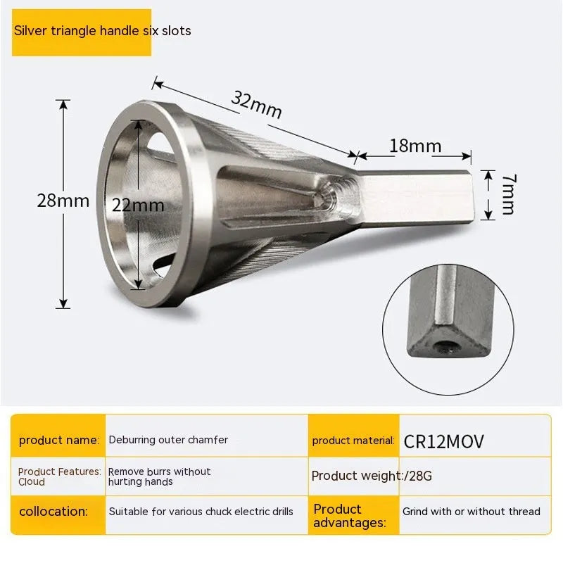 CR12MOV steel deburring external chamfering tool for chuck electric drill, 28g, removes burrs safely