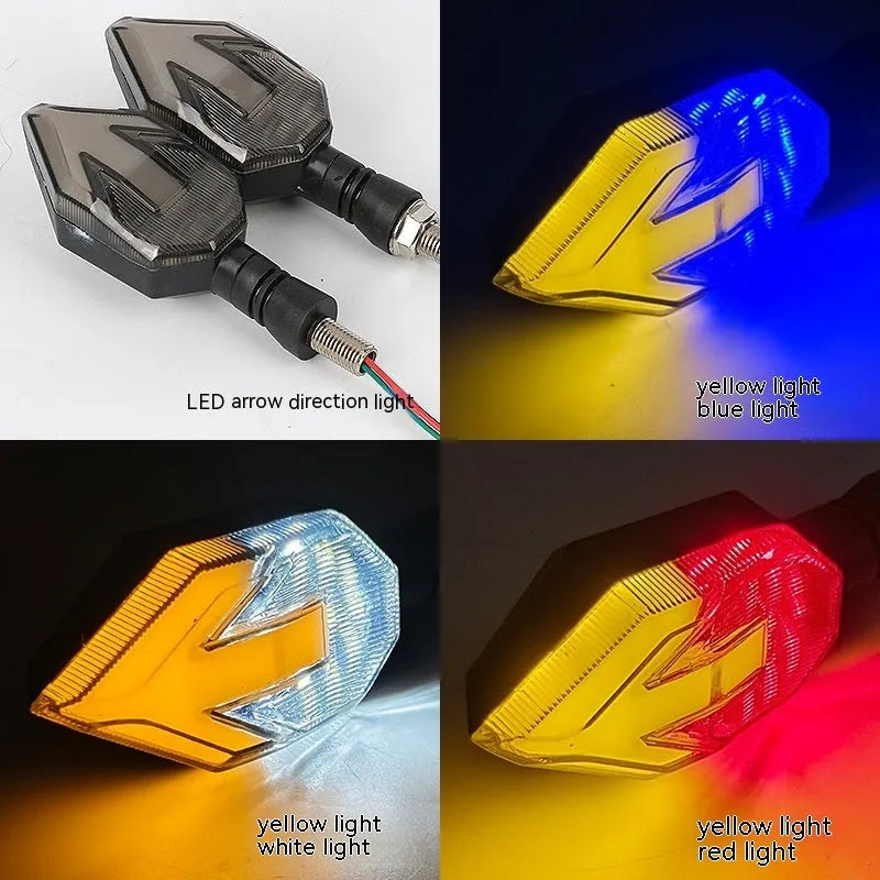 Arrow-shaped LED motorcycle turn signal lamp for 12V systems, made from black ABS plastic.