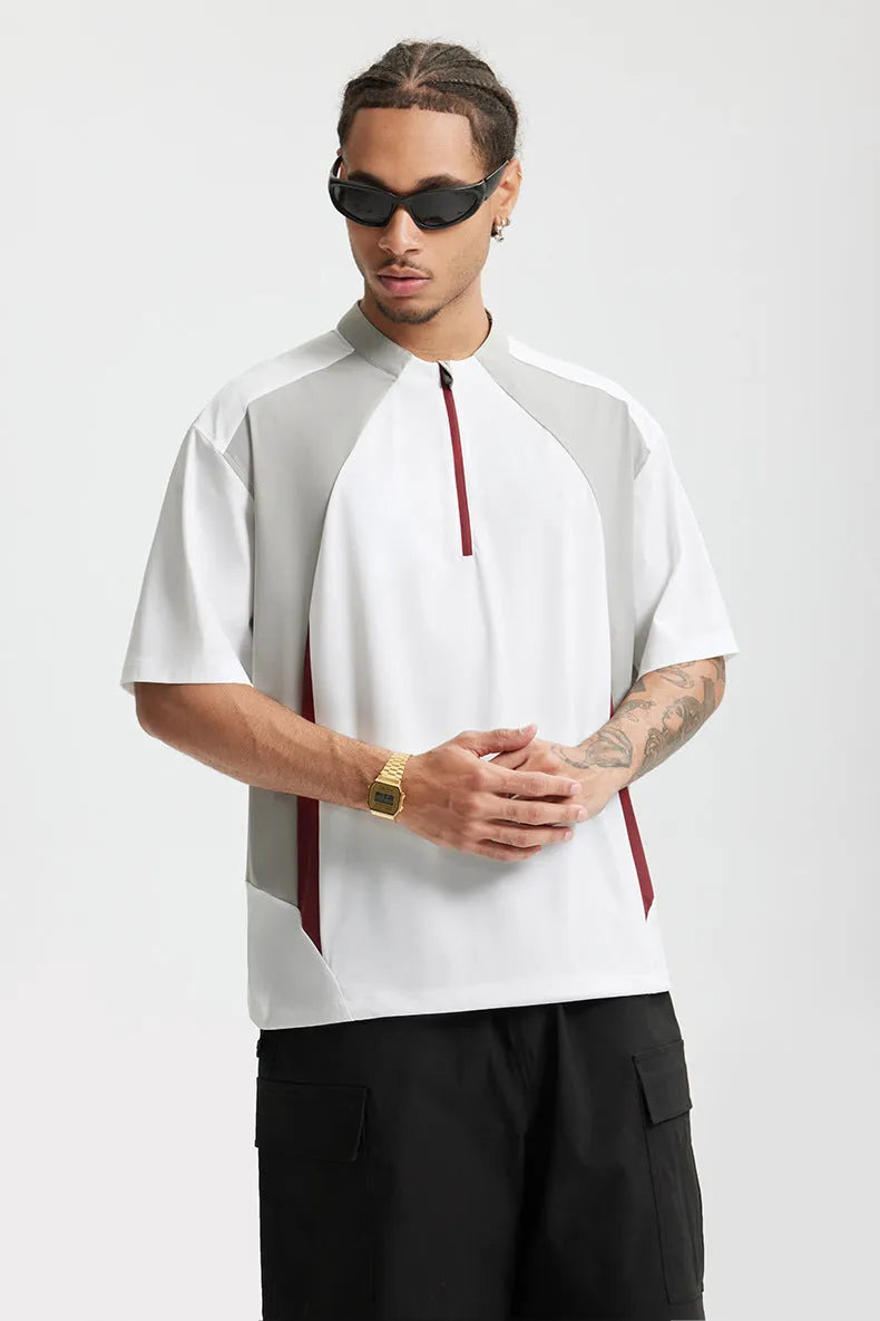 Men's lightweight polyester top in black or beige with long or short sleeves, solid colour pattern, sizes M XL for leisure wear