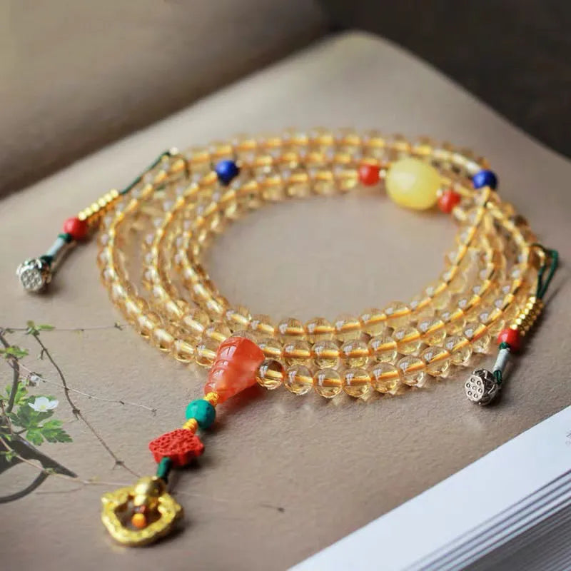 Yellow Brazil natural citrine bracelet with 1mm beads and filament accessories