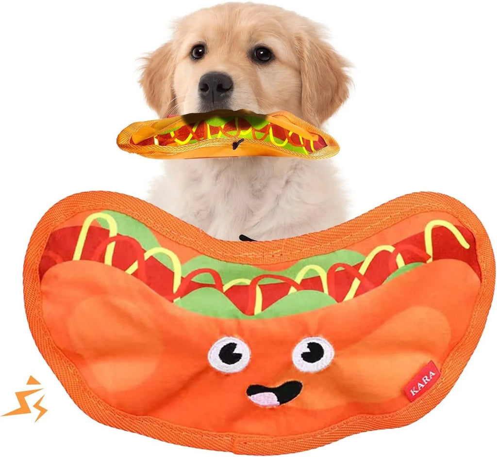 Set of four colourful fast-food shaped dog toys: hamburger, fries, hot dog, and pizza, featuring crinkle and squeak sounds.