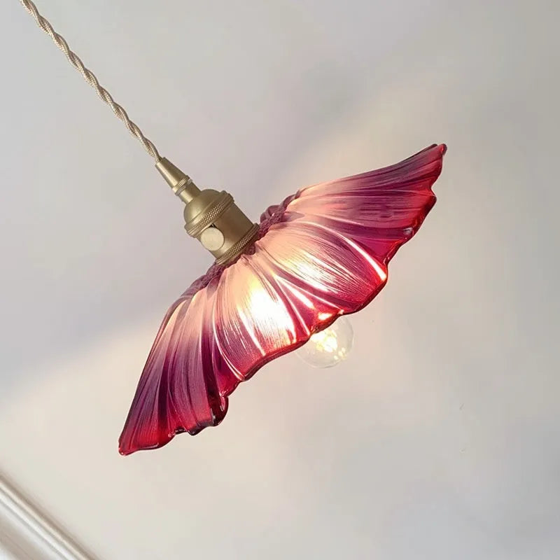 Nordic Japanese style lotus leaf shaped ceiling pendant lamp with iron frame and coloured glass shade.