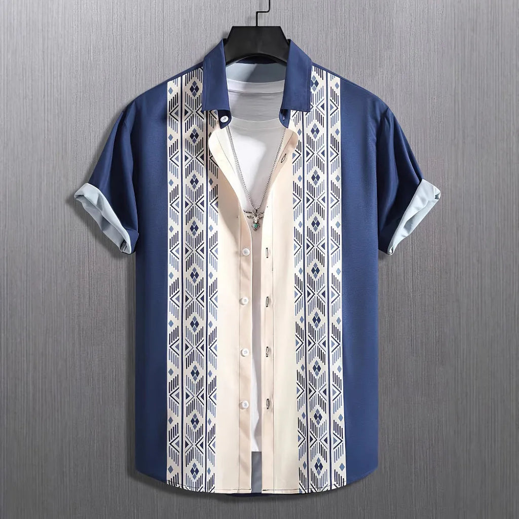 Men's plaid pattern cardigan shirt with lapel collar and short sleeves in loose fit