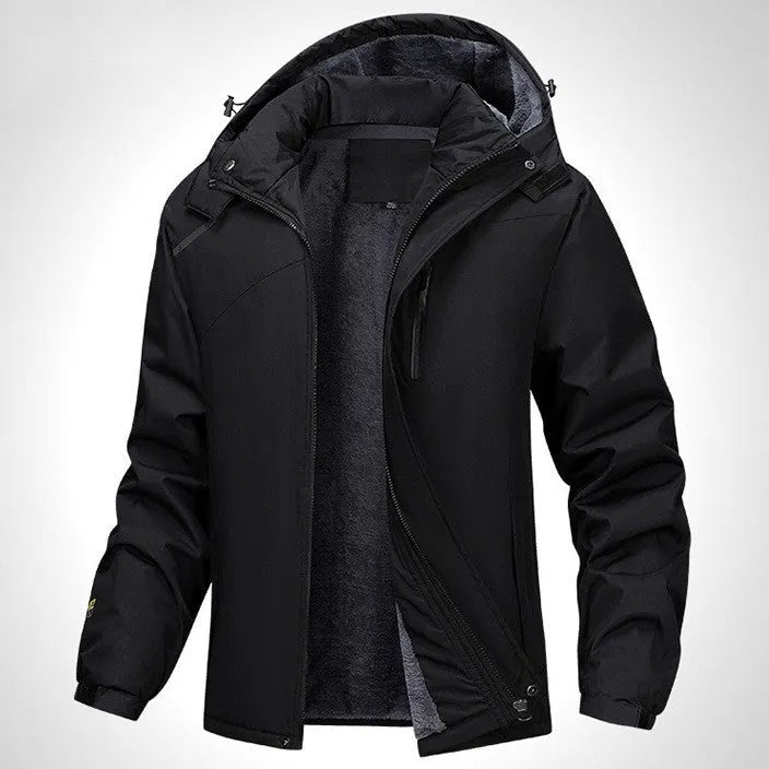 Men's plus size hooded waterproof coat in army green showing loose fit and hood design