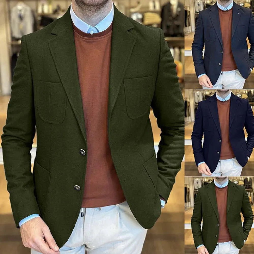 Men's casual cotton suit in loose fit retro style, available in army green, dark blue, black, brown, and khaki colours