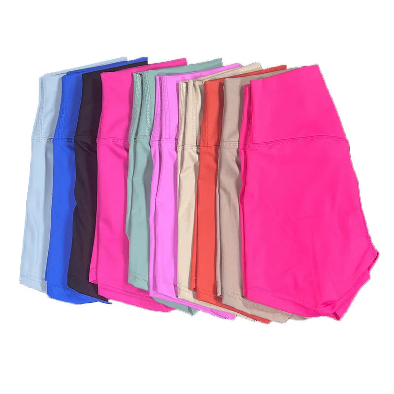 Women's high-waist yoga shorts in nylon fabric, available in colours like pink litchi and electric blue, sizes S-XXL