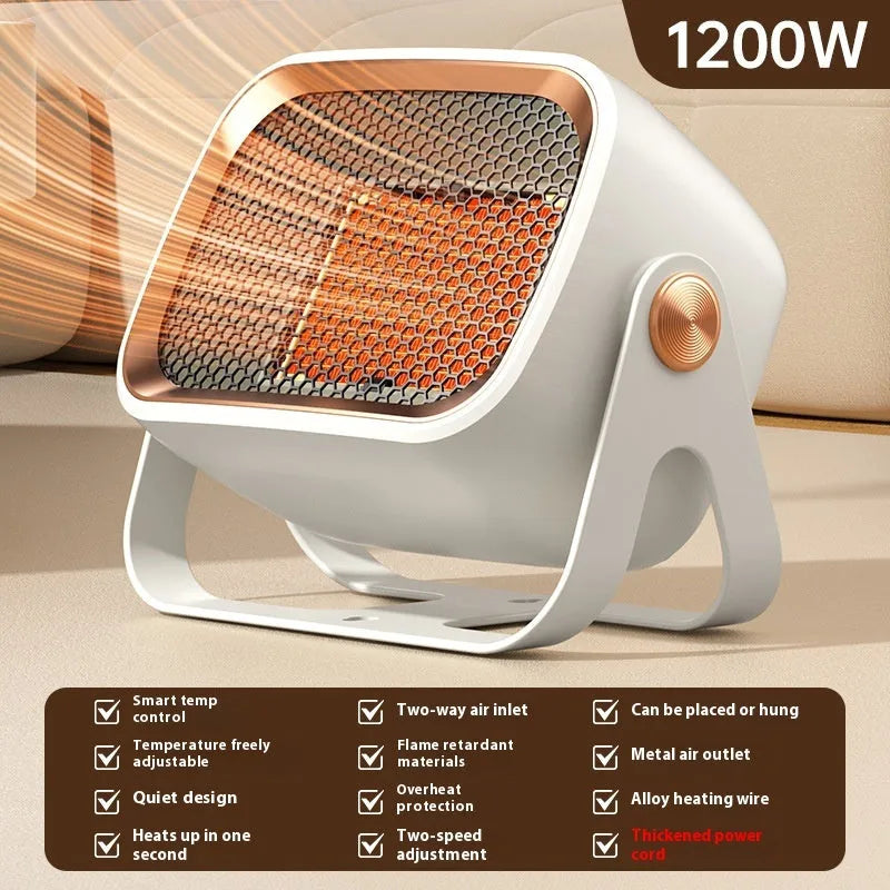 White desktop electric heater with rotatable design and push-button controls on a wooden desk