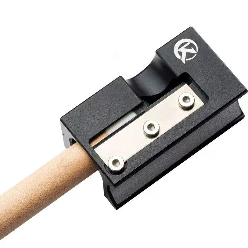 Black all-metal billiard cue leather head repair tool on a neutral background.