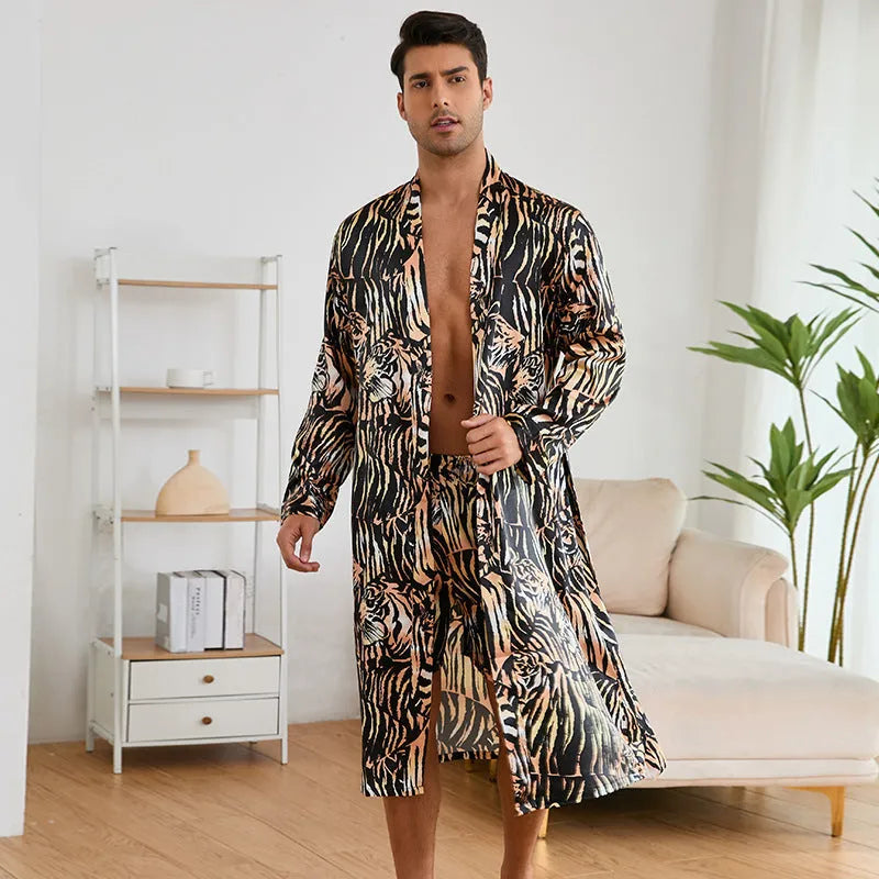Men's tiger pattern long sleeve bathrobe with matching shorts on a hanger