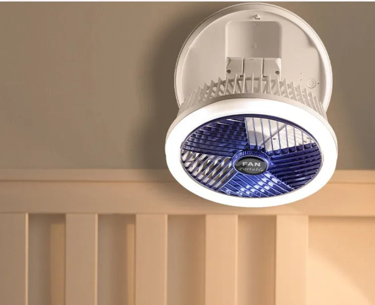 Blue foldable table fan with LED light showing 300° rotation angle and Type-C charging port